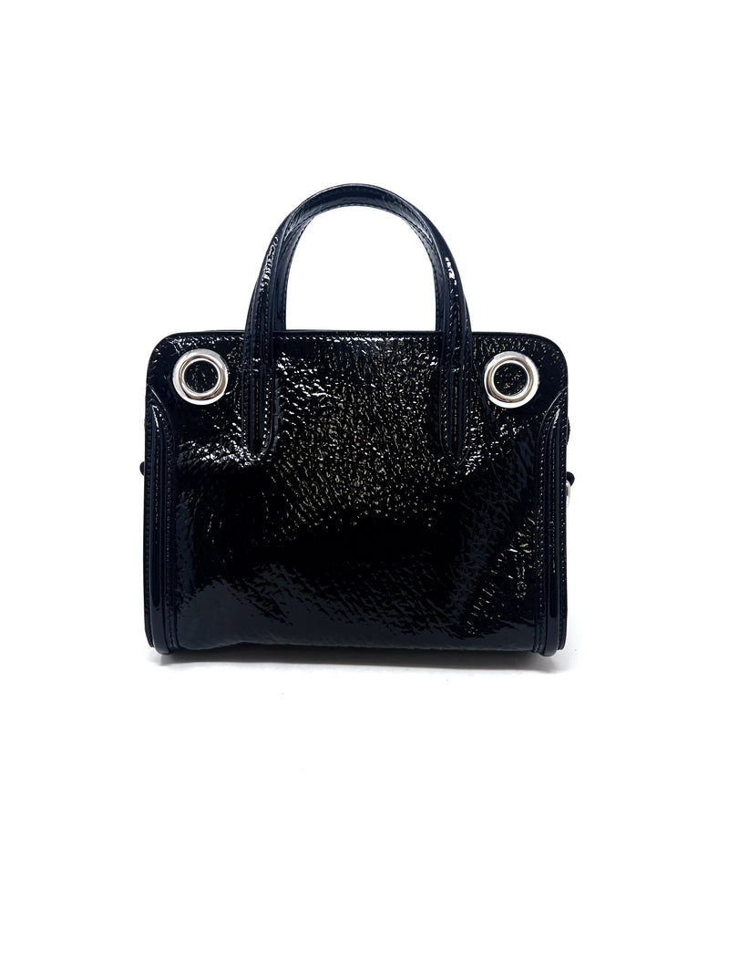 Alexander McQueen Black/Silver SM Patent Grommet Skull Padlock Tote