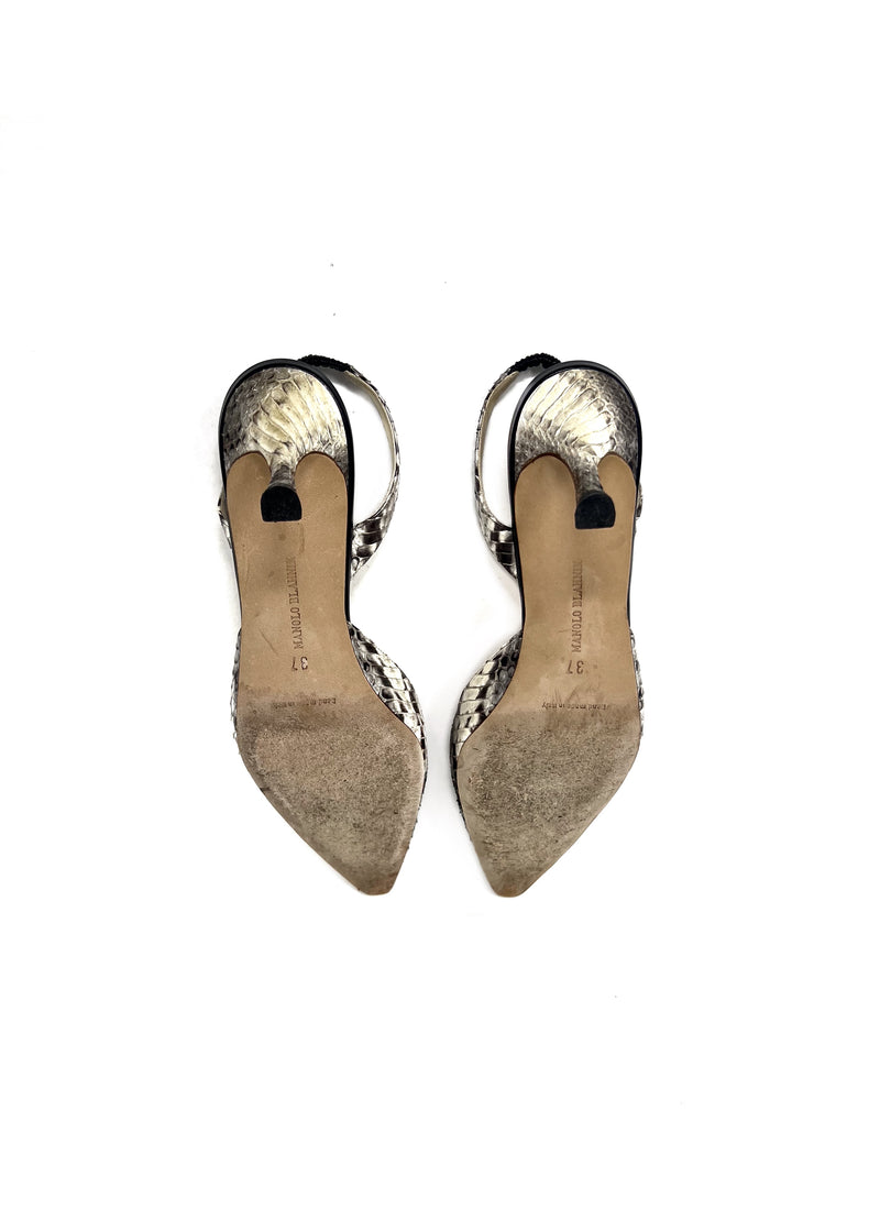 Manolo Blahnik W Shoe Size 37 Snakeskin Pointed Toe Slingback Heels