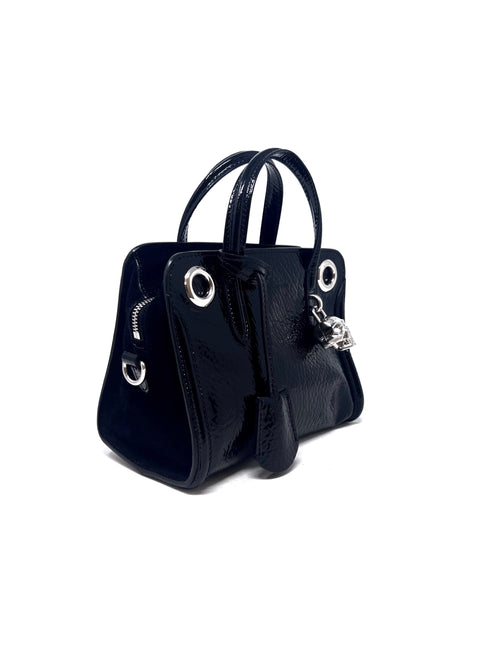 Alexander McQueen Black/Silver SM Patent Grommet Skull Padlock Tote