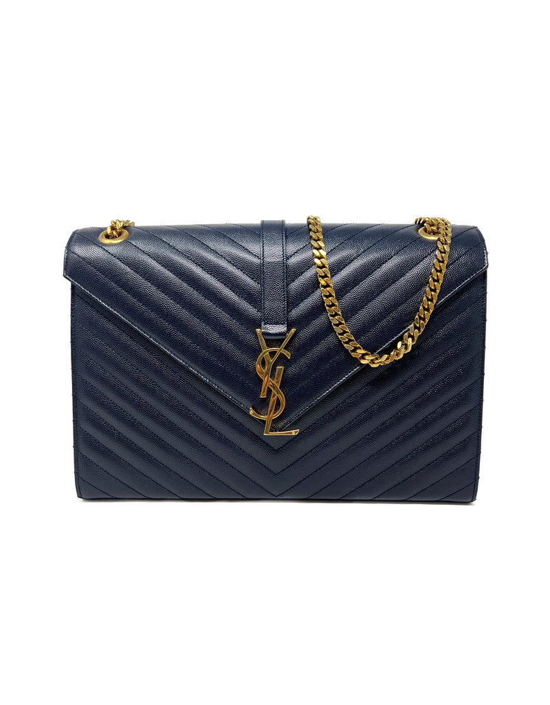 Saint Laurent Navy/Gold WDB! 
14 Matelasse Grain de Poudre Leather Chevron Envel