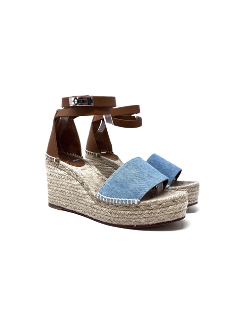 Hermes W Shoe Size 39 
Tipoli
 Denim 
Leather Espadrille Platform Wedge