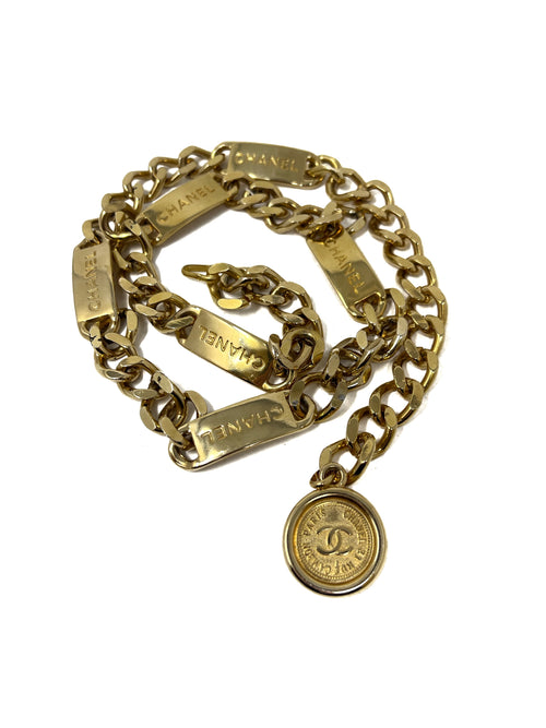 Chanel Size S Gold Vintage Logo Nameplate 
Medallion Chain Link Belt