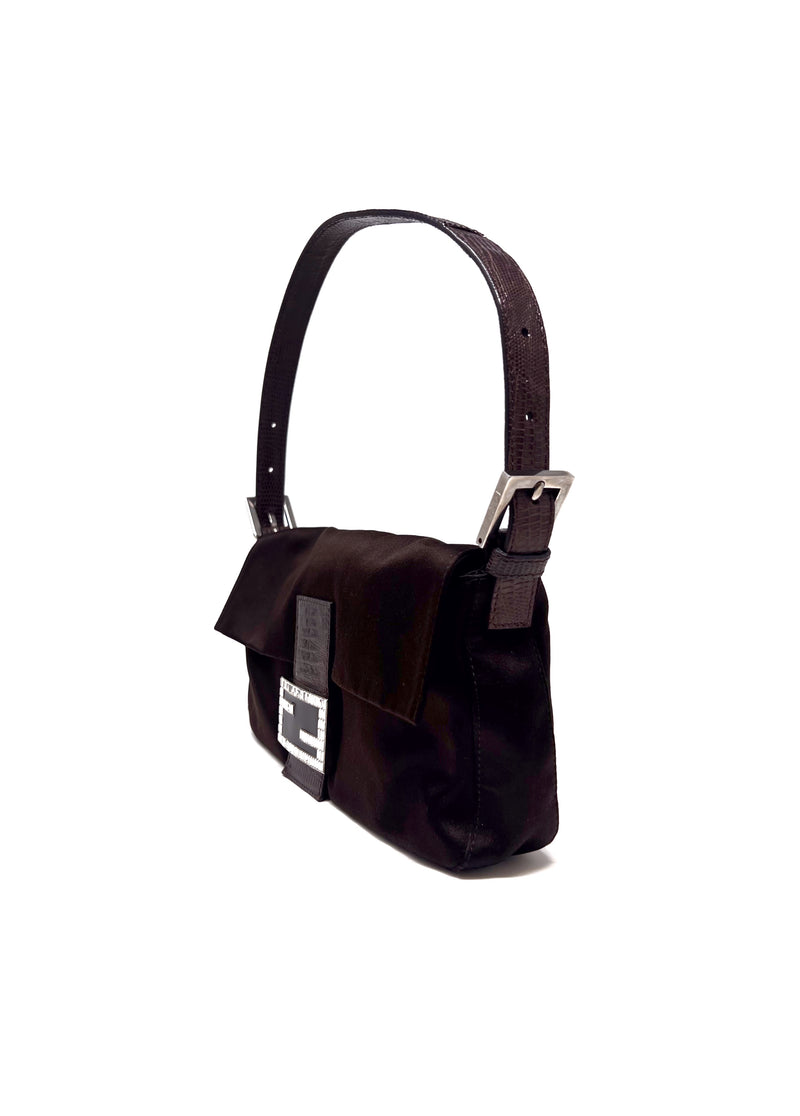 Fendi Chocolate Satin Lizard Trim Crystal Logo 
Baguette
 Bag