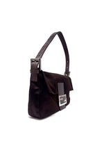 Fendi Chocolate Satin Lizard Trim Crystal Logo 
Baguette
 Bag