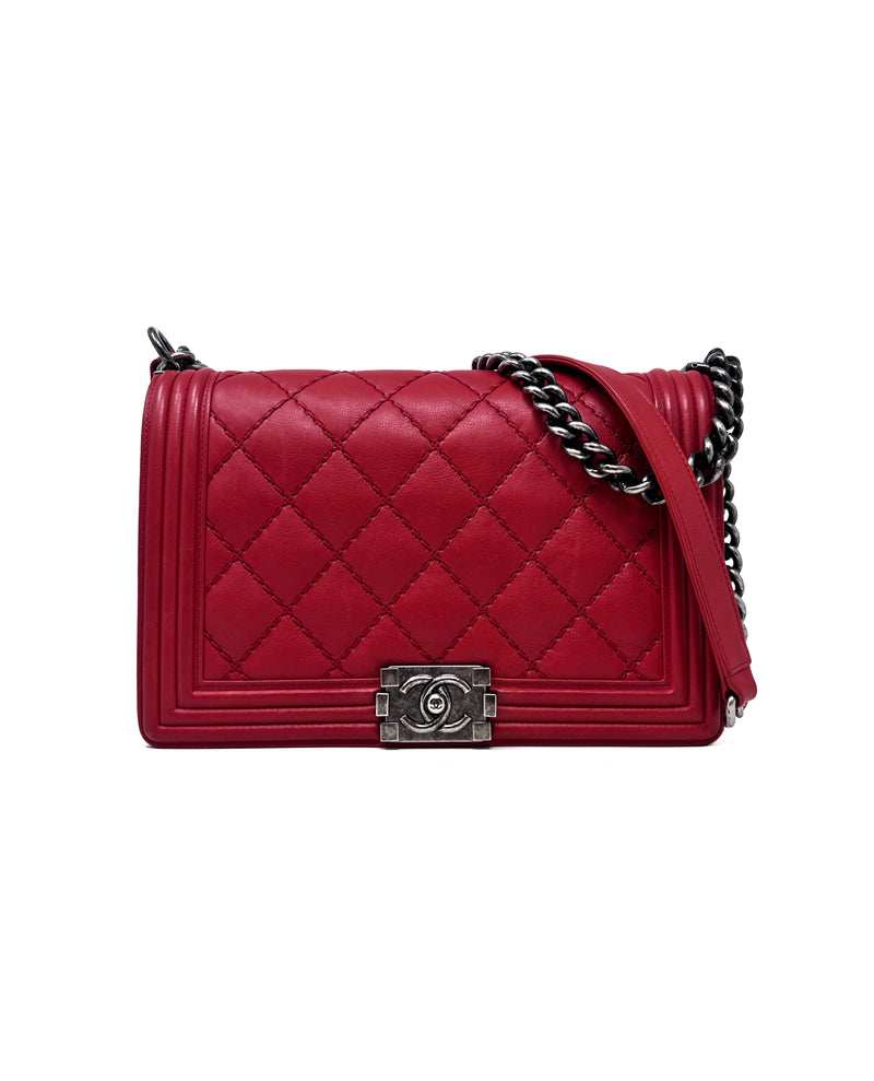 Chanel Red 
13-
14 LG Calfskin 
Stitch Boy Bag
