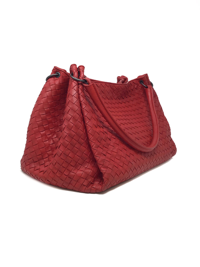 Bottega Veneta Red 
Parachute
 Leather Intrecciato Double Handle Tote