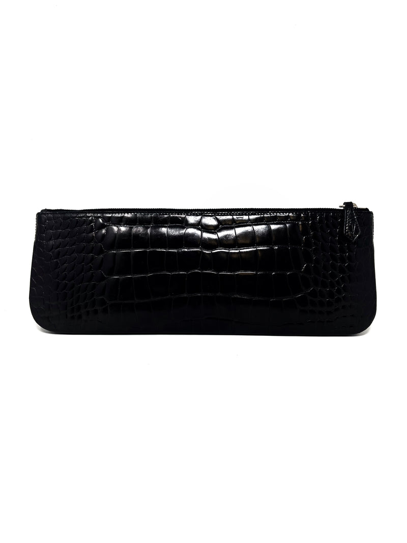 Prada Black Croc Embossed Elongated Leather Clutch