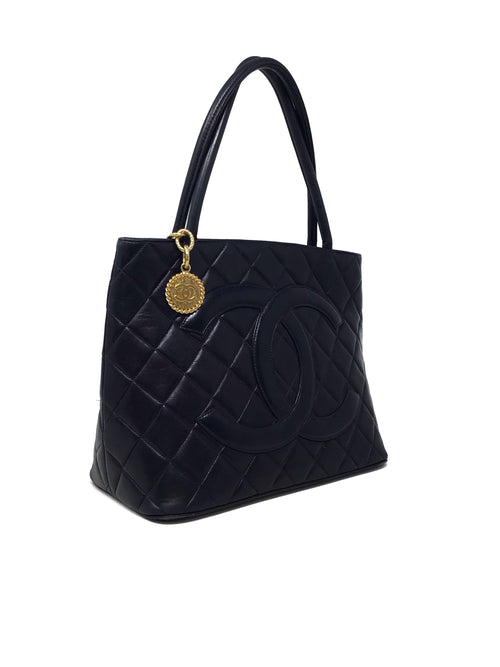 Chanel Dark Navy 
97-
99 Quilted Lambskin 
Medallion
 Tote W/Gold Hardware