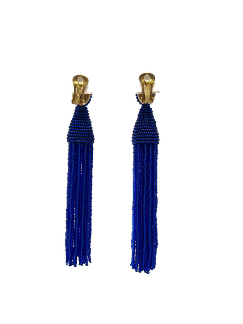 Oscar de la Renta Cobalt Beaded Tassel Linear Clip-On Earrings