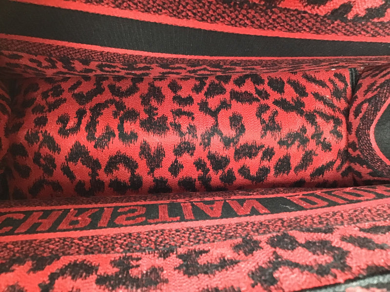 Christian Dior Red/Black MD 
Book Tote
 Leopard Embroidered Bag