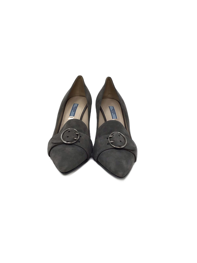 Prada 40.5 Grey Suede Leather Buckle Pointed Toe Pumps