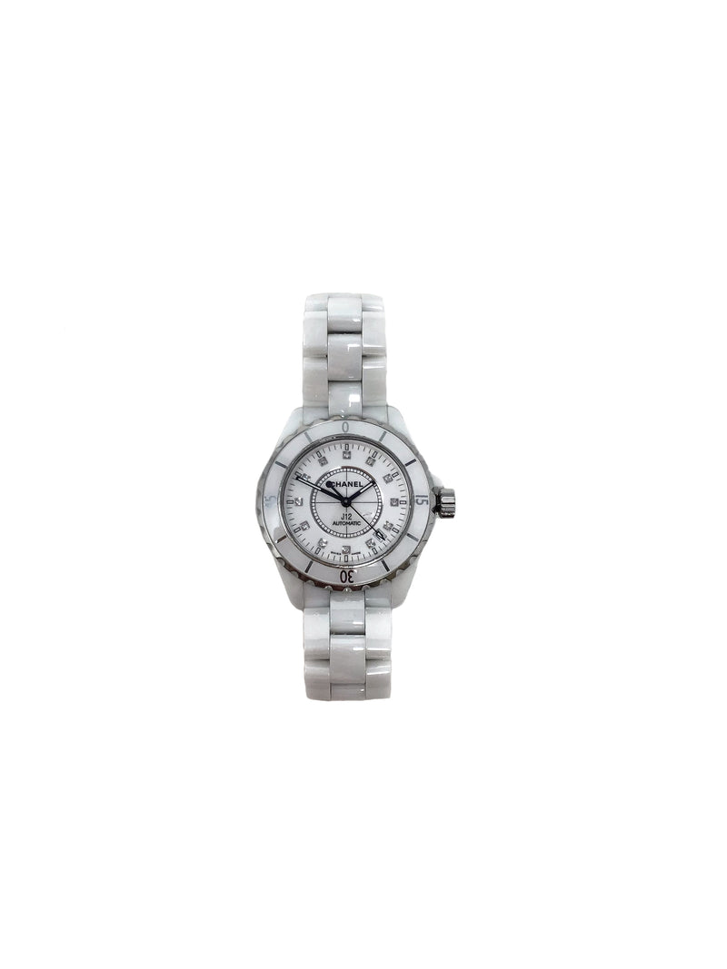 Chanel White 
J12
 Automatic Ceramic Watch W/Diamonds