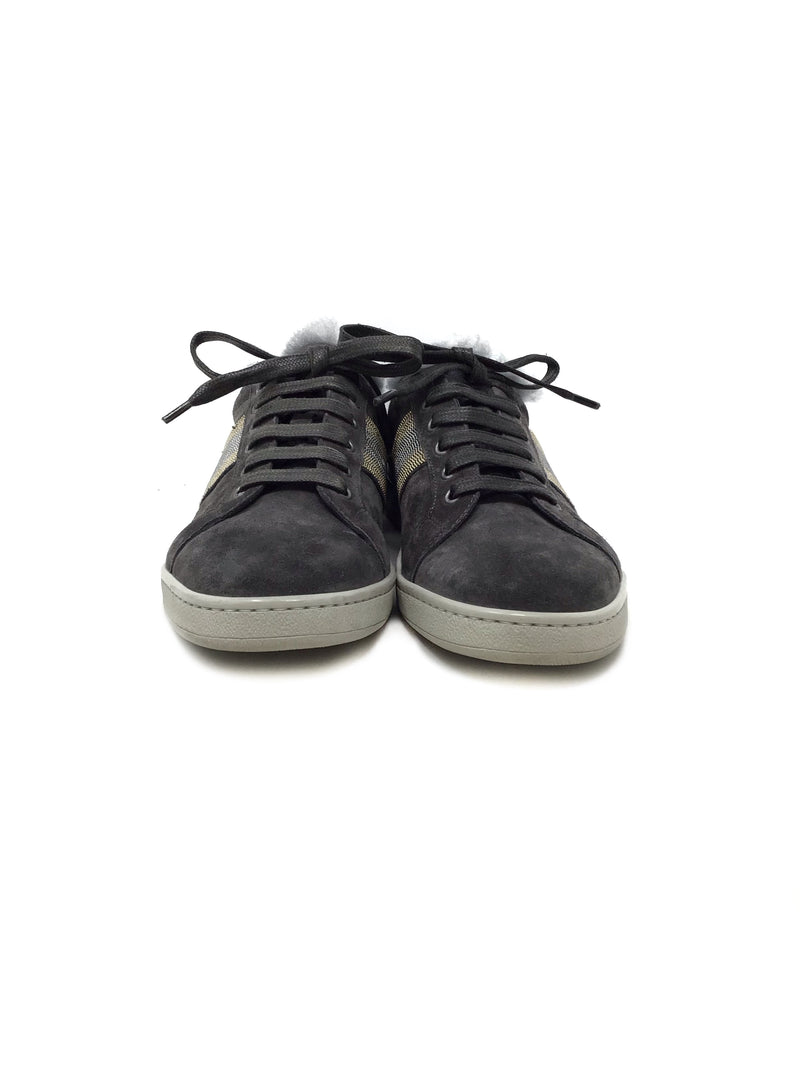 Brunello Cucinelli Suede Monili Striped Fur Trim Sneakers