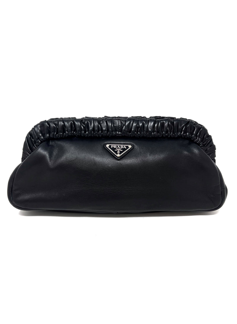 Prada Black Nappa Leather Ruched Trim Clutch