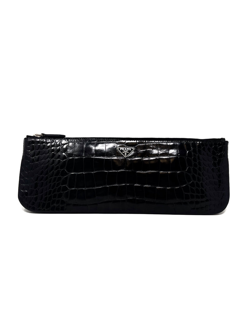 Prada Black Croc Embossed Elongated Leather Clutch