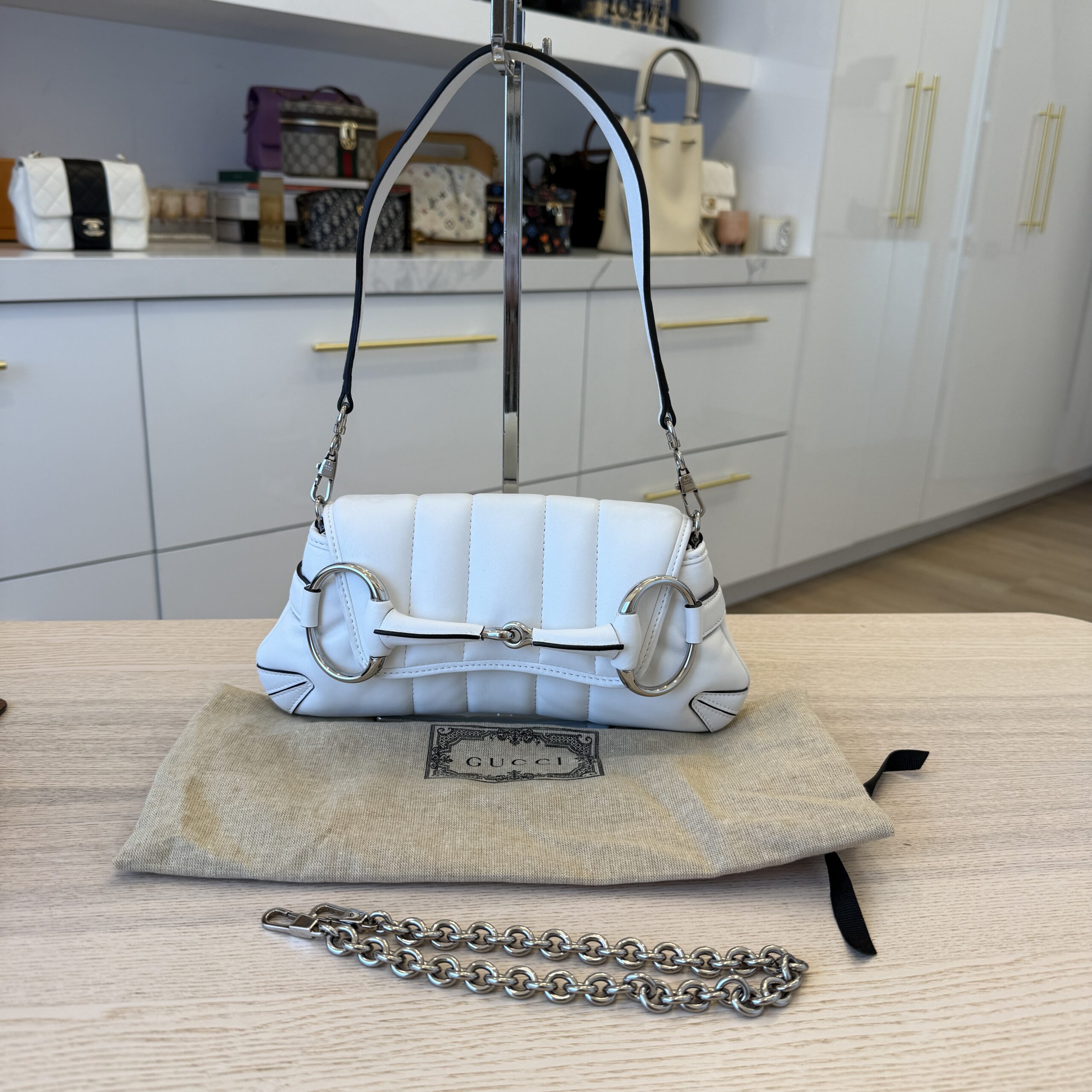Gucci Nappa Vertical Matelasse Small Maxi Horsebit Chain Shoulder Bag White