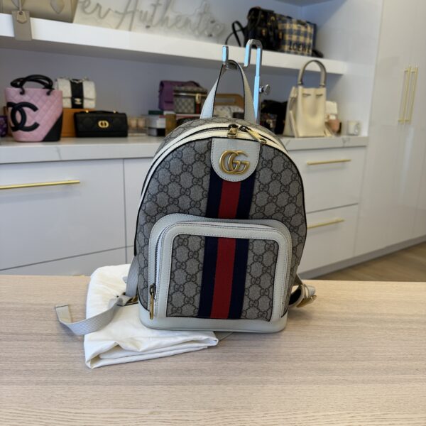Gucci GG Supreme Monogram Calfskin Web Small Ophidia Day Backpack Beige Ebony New Acero