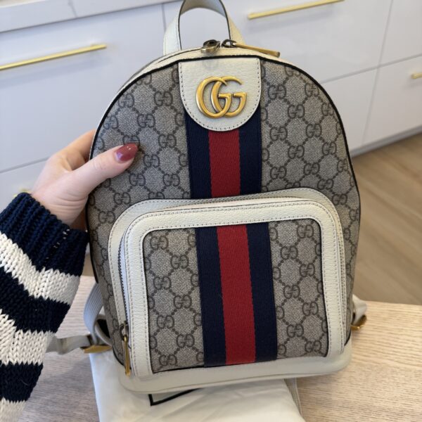 Gucci GG Supreme Monogram Calfskin Web Small Ophidia Day Backpack Beige Ebony New Acero