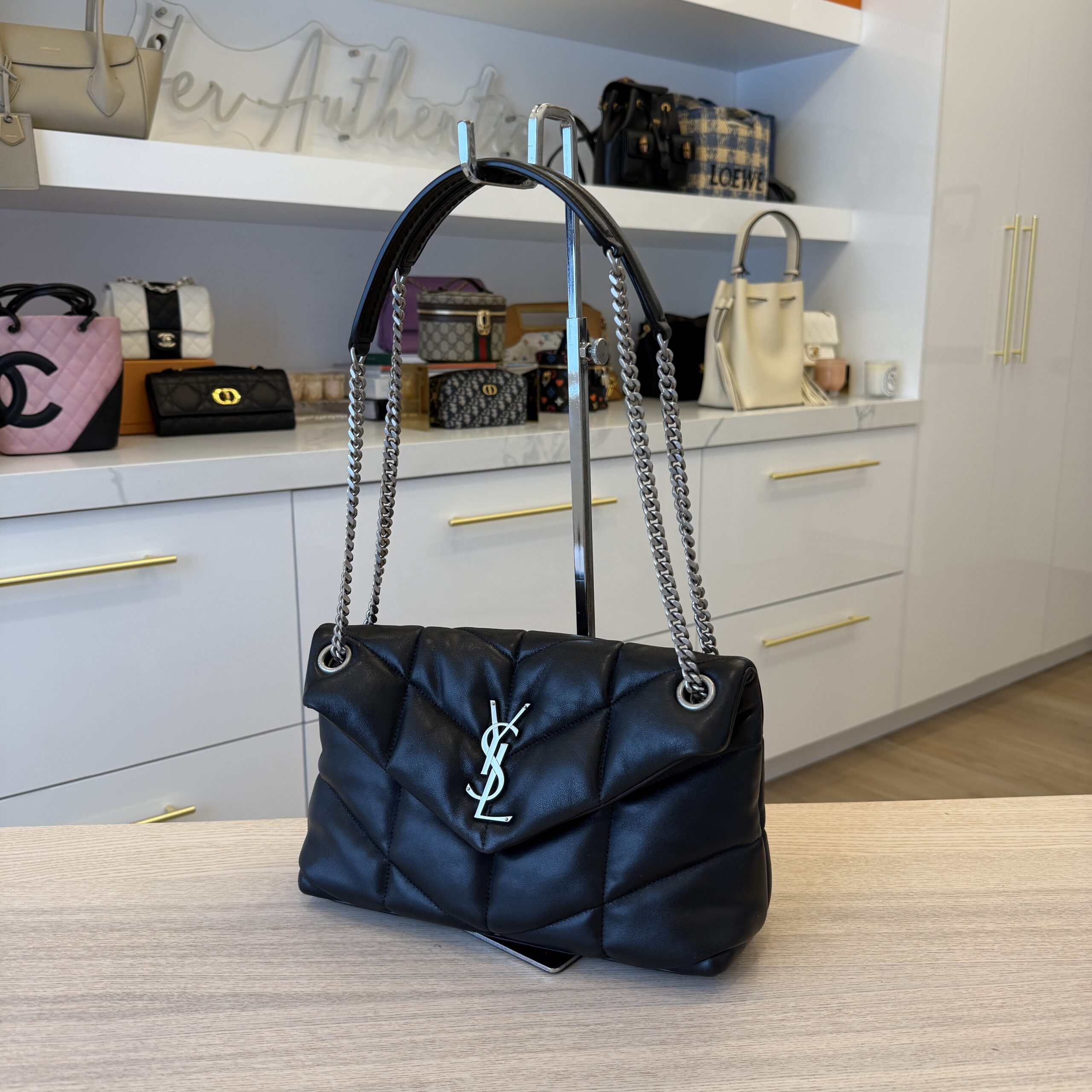 Saint Laurent (YSL) Lambskin Quilted Small Loulou Puffer Monogram Chain Satchel Black