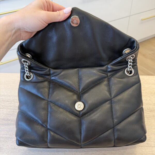 Saint Laurent (YSL) Lambskin Quilted Small Loulou Puffer Monogram Chain Satchel Black