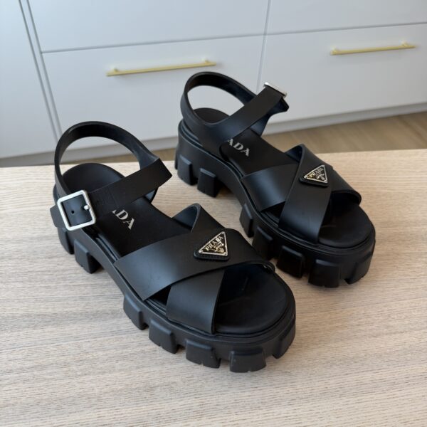 PPrada Foam Rubber Metal Triangle Logo Monolith 55mm Soft Cage Sandals 38 Black