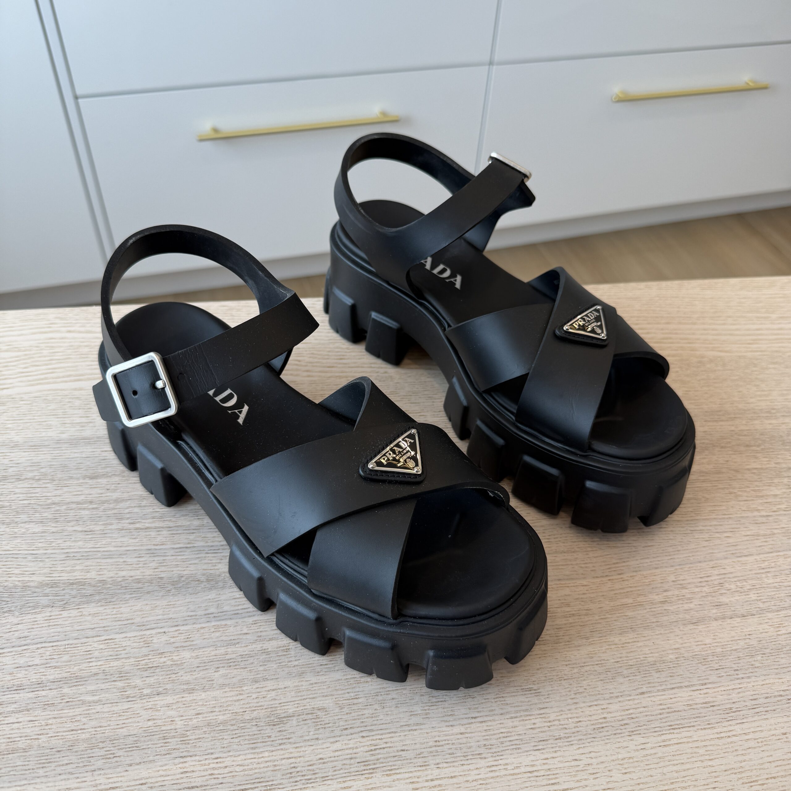 PPrada Foam Rubber Metal Triangle Logo Monolith 55mm Soft Cage Sandals 38 Black