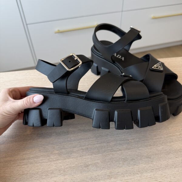 PPrada Foam Rubber Metal Triangle Logo Monolith 55mm Soft Cage Sandals 38 Black