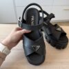 PPrada Foam Rubber Metal Triangle Logo Monolith 55mm Soft Cage Sandals 38 Black