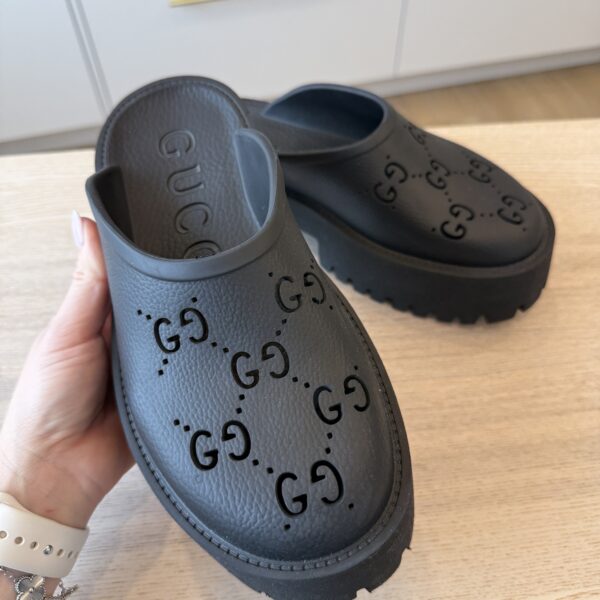 Gucci Rubber GG Monogram Perforated Elea Platform 55mm Lug Sole Sandals 38 Black
