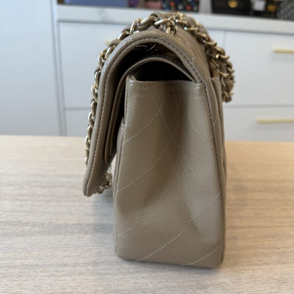 Chanel Caviar Quilted Jumbo Double Flap Black Gold Hardware Dark Taupe