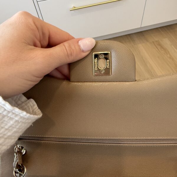 Chanel Caviar Quilted Jumbo Double Flap Black Gold Hardware Dark Taupe