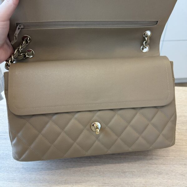 Chanel Caviar Quilted Jumbo Double Flap Black Gold Hardware Dark Taupe