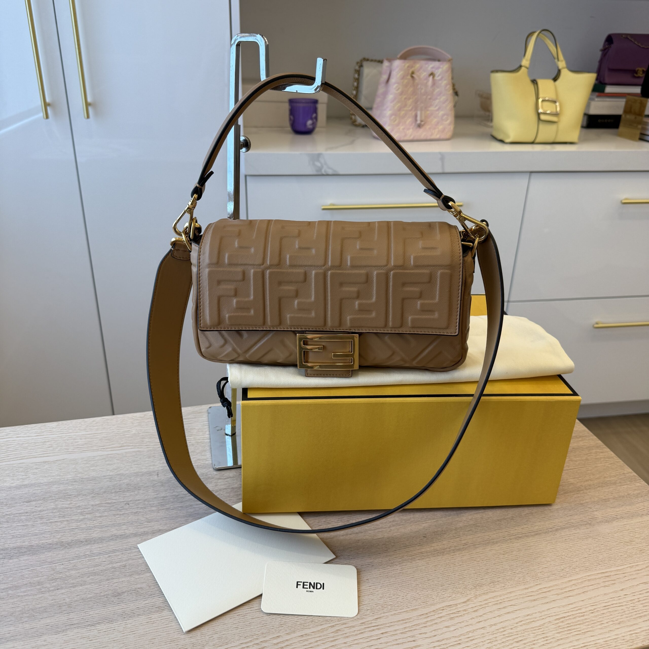 Fendi Nappa FF 1974 Embossed Baguette Miele Scuro