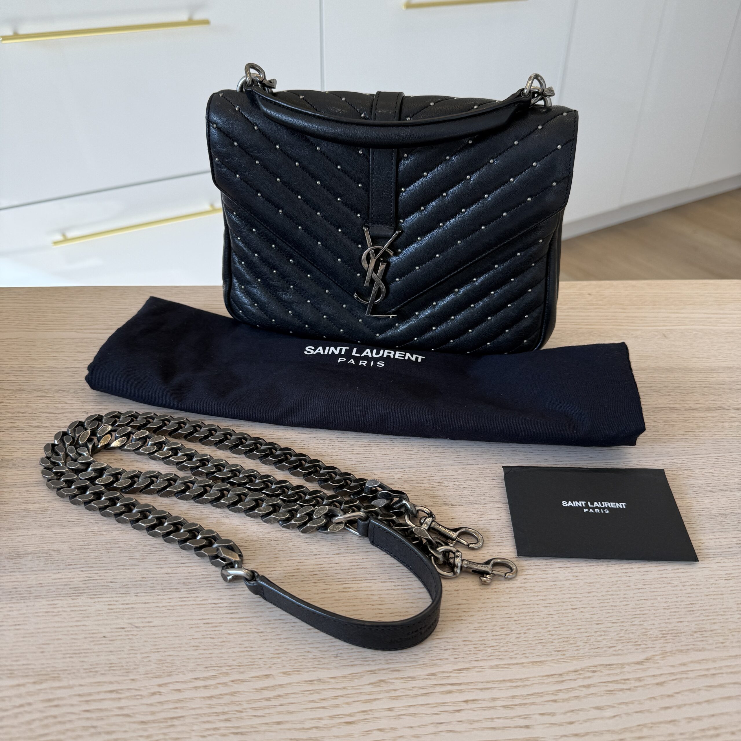 Saint Laurent (YSL) Sheepskin Matelasse Chevron Monogram Medium College Bag Black Studded