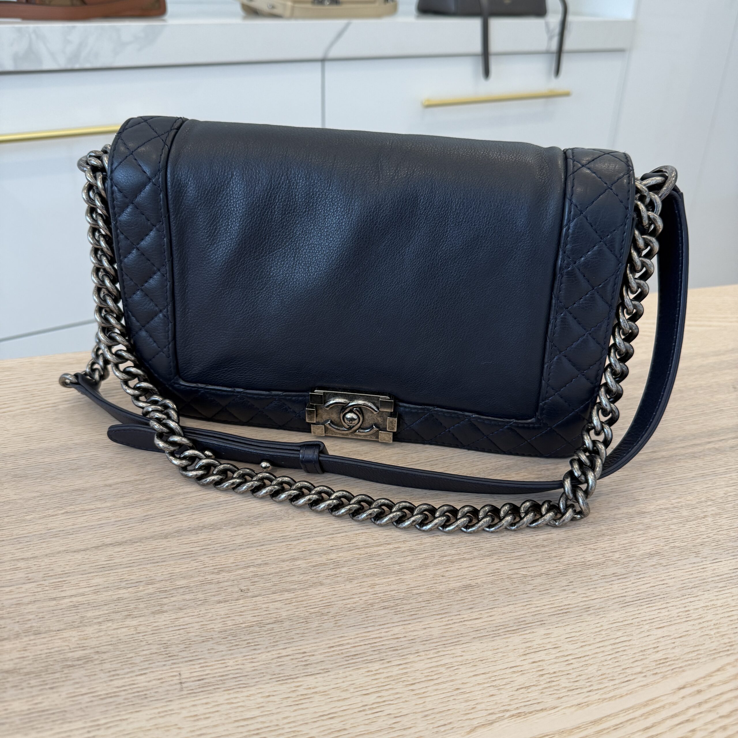 Chanel Calfskin New Medium Boy Reverso Flap Navy