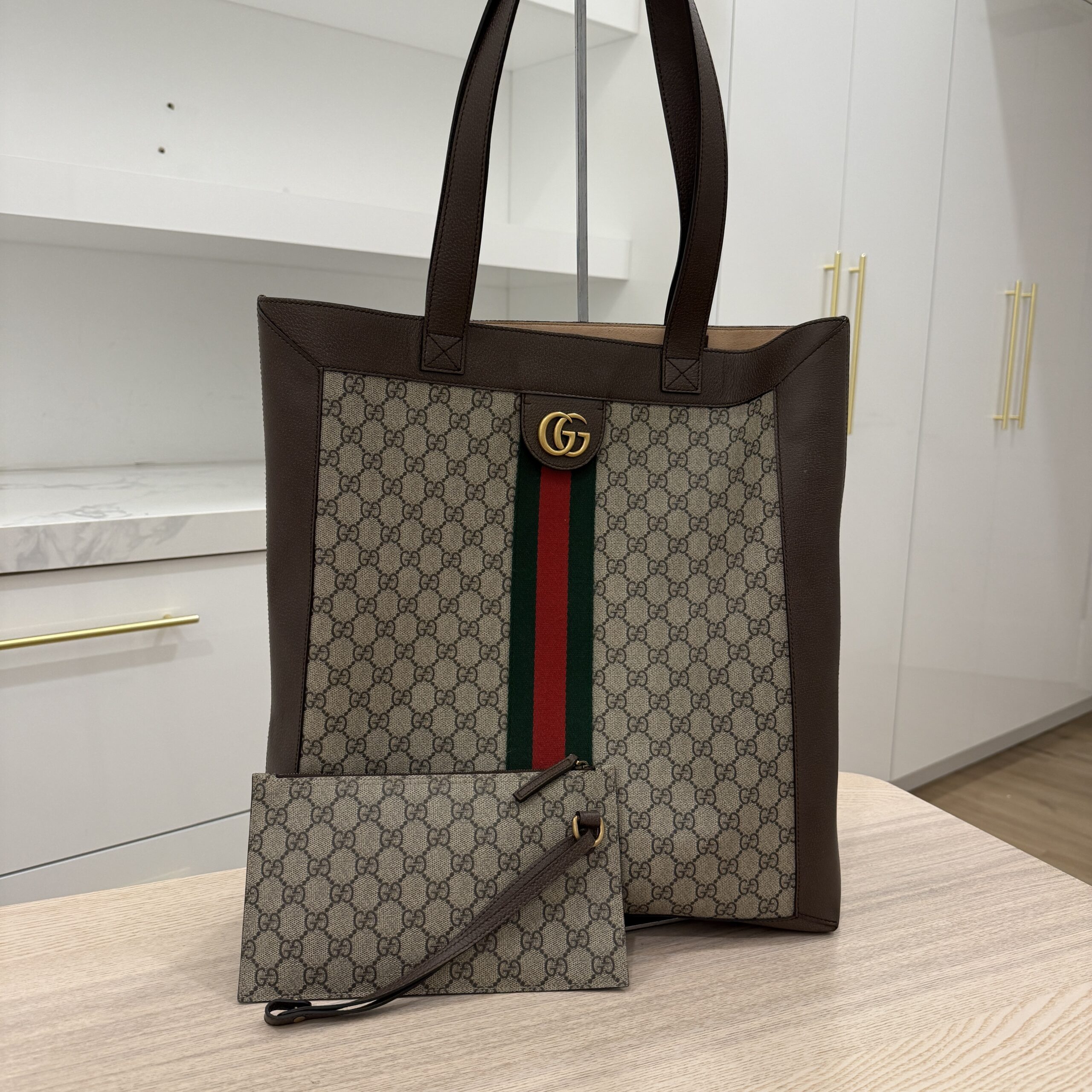 Gucci GG Supreme Monogram Web Large Ophidia Vertical Shopping Tote Brown