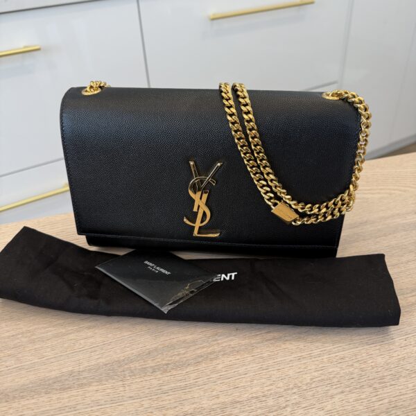 Saint Laurent (YSL) Grain De Poudre Medium Classic Monogram Kate Satchel Black Gold Hardware