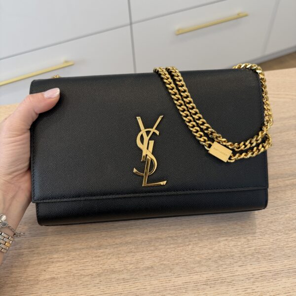Saint Laurent (YSL) Grain De Poudre Medium Classic Monogram Kate Satchel Black Gold Hardware