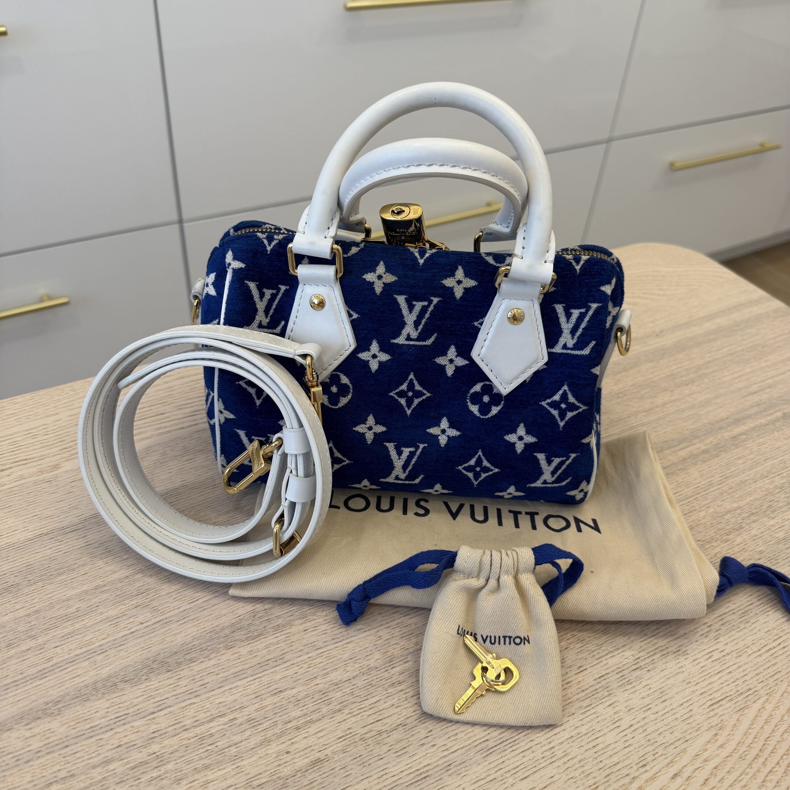 Louis Vuitton Blue/White Monogram Jacquard Velvet Match Speedy Bandouliere 20 Bag