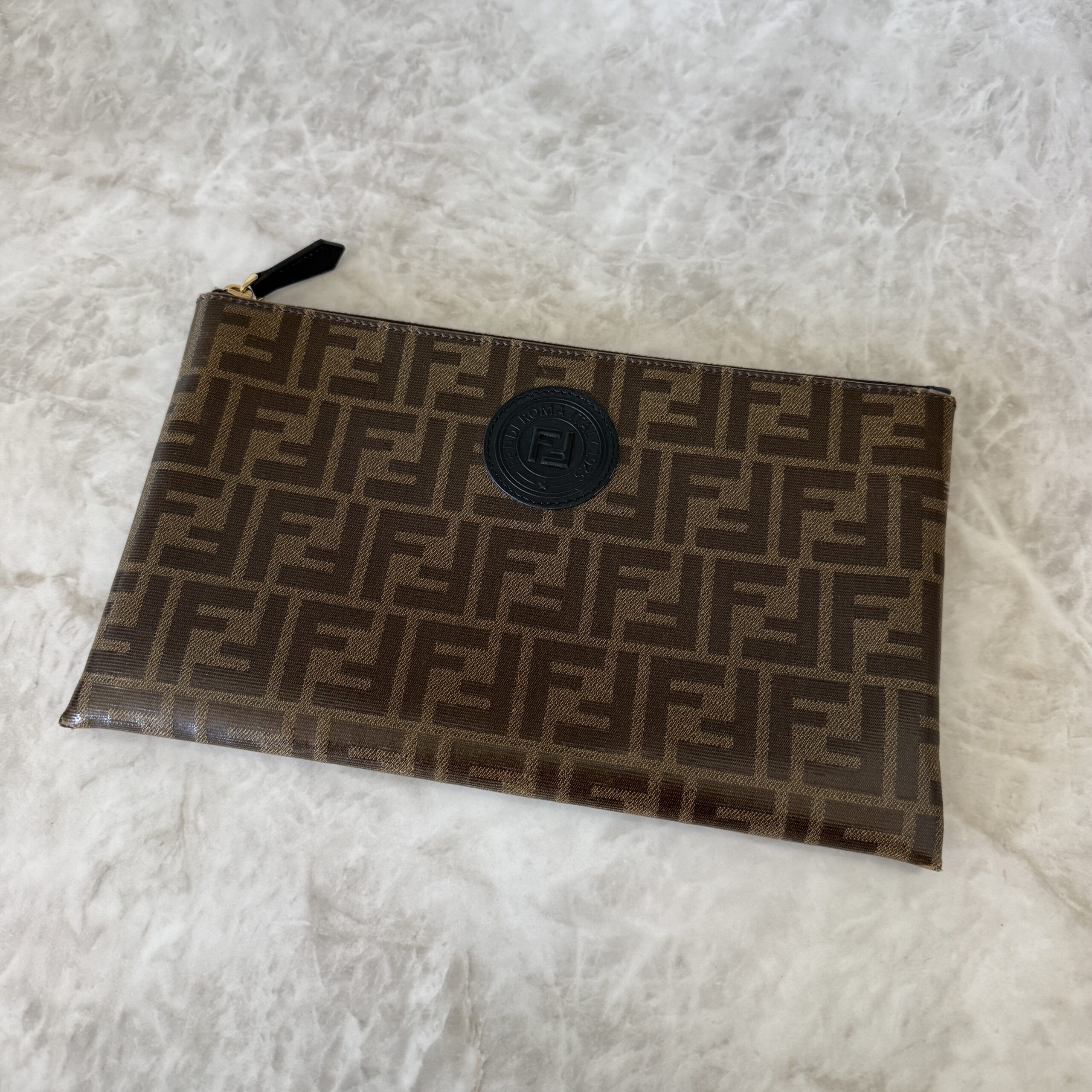 Fendi Glazed Fabric Vitello Century FF 1974 Stamp Patch Large Flat Pouch Mogano Panna Black