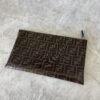 Fendi Glazed Fabric Vitello Century FF 1974 Stamp Patch Large Flat Pouch Mogano Panna Black
