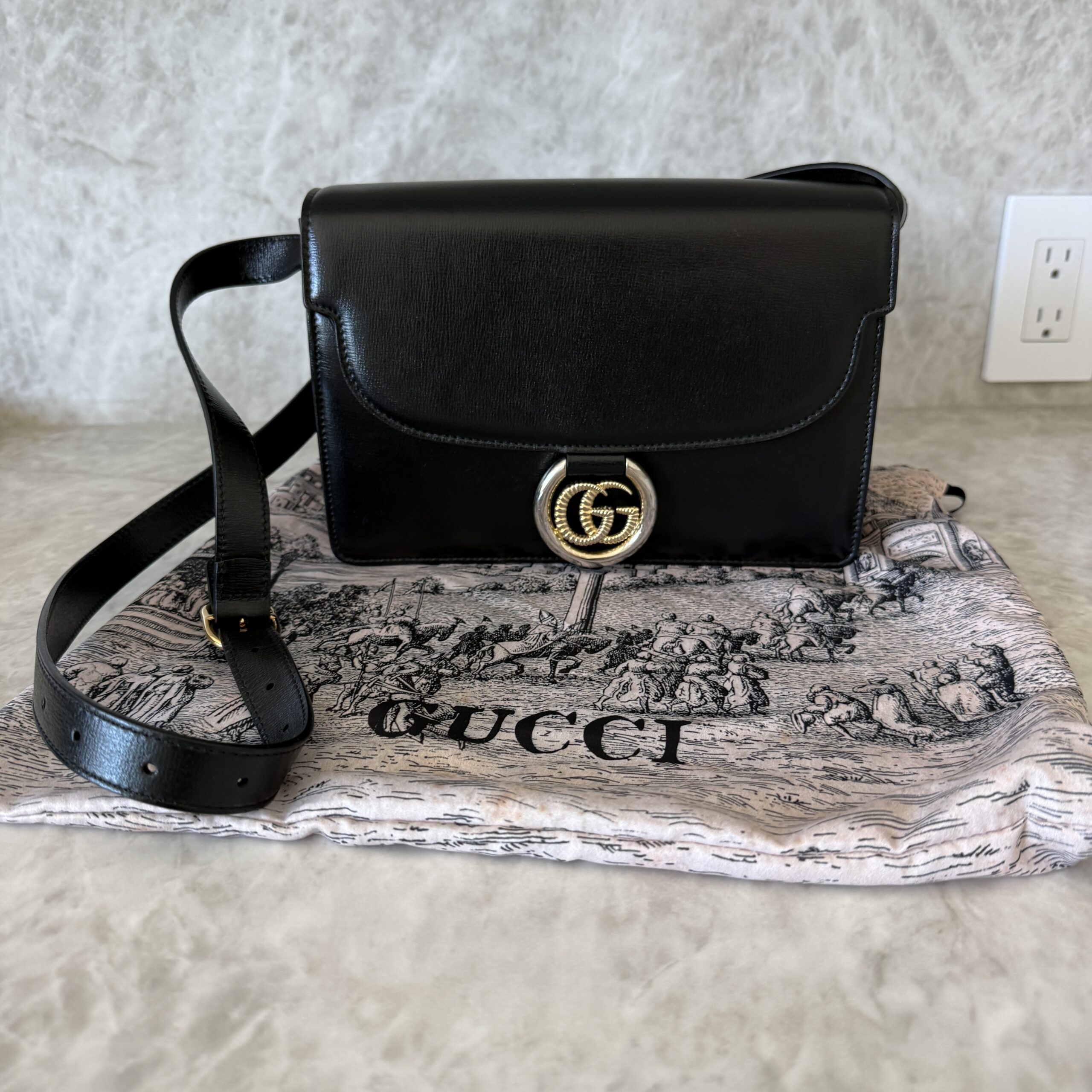 Gucci Textured Calfskin Small Torchon GG Ring Shoulder Bag Black