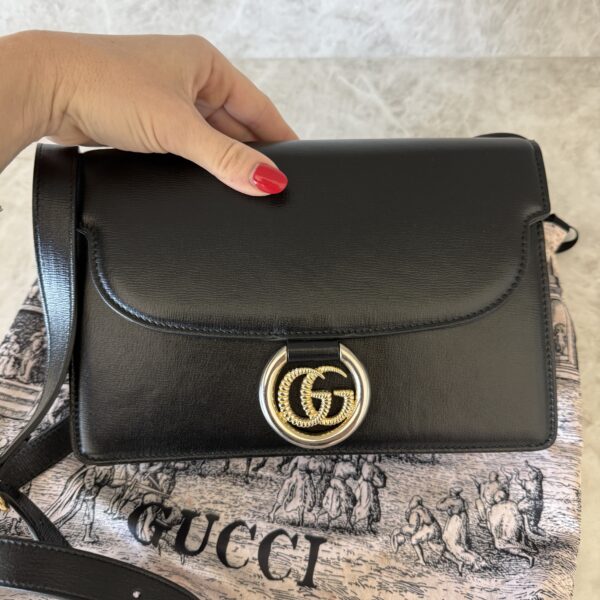 Gucci Textured Calfskin Small Torchon GG Ring Shoulder Bag Black