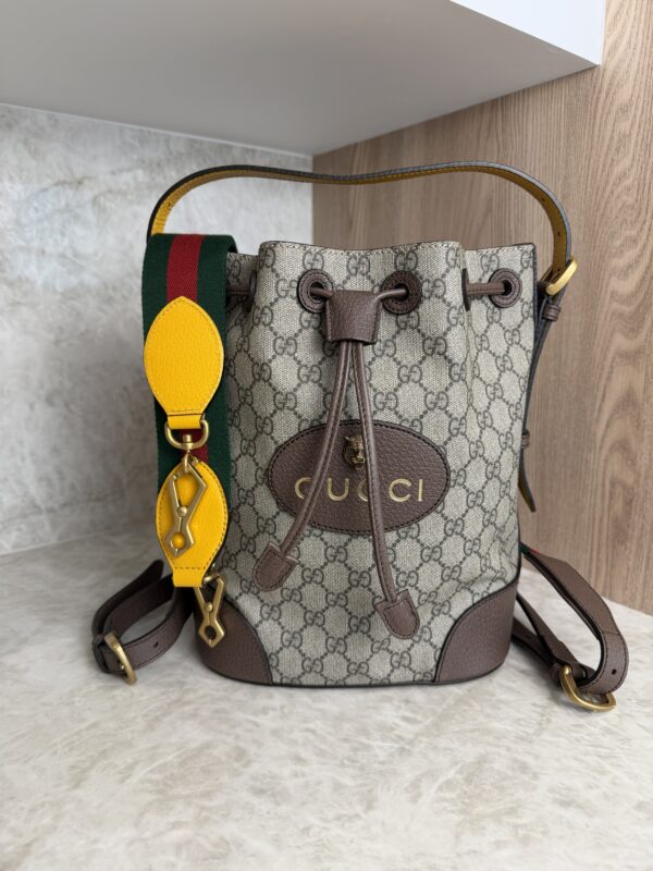 Gucci GG Supreme Monogram Neo Vintage Drawstring Bucket Backpack Beige New Acero Crop