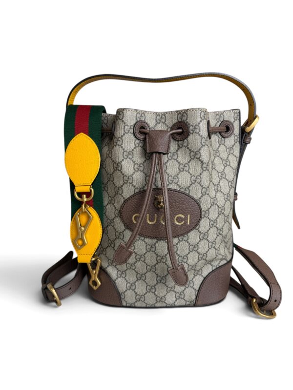 Gucci GG Supreme Monogram Neo Vintage Drawstring Bucket Backpack Beige New Acero Crop