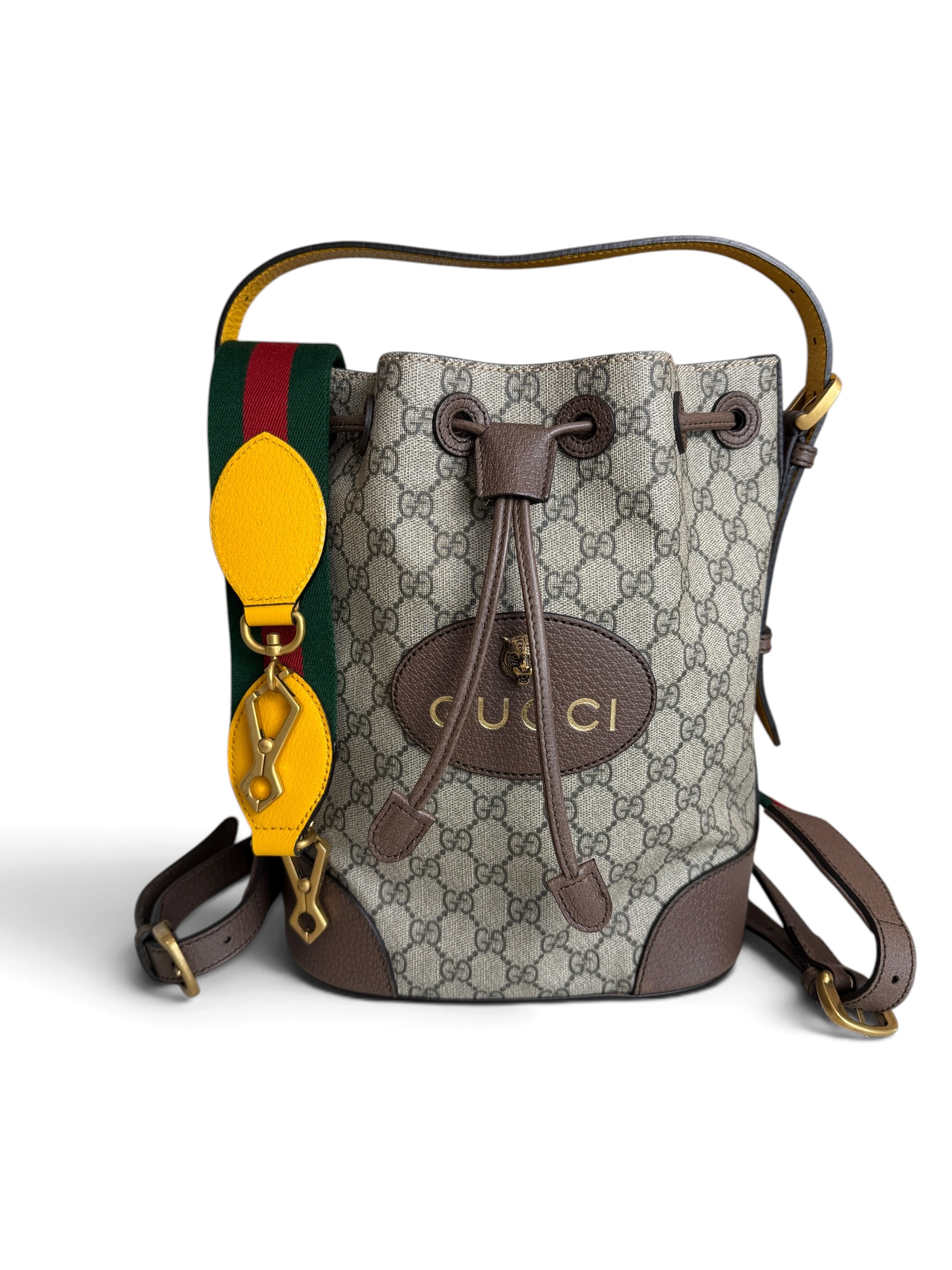 Gucci GG Supreme Monogram Neo Vintage Drawstring Bucket Backpack Beige New Acero Crop