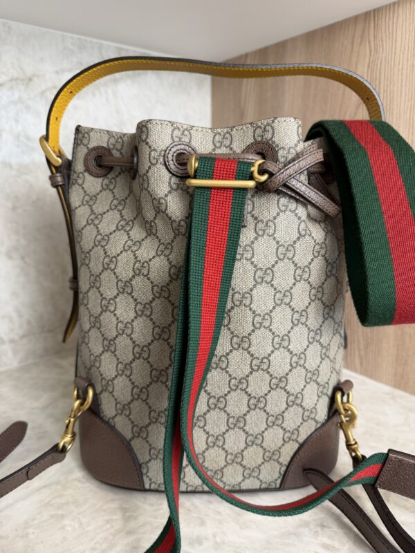 Gucci GG Supreme Monogram Neo Vintage Drawstring Bucket Backpack Beige New Acero Crop