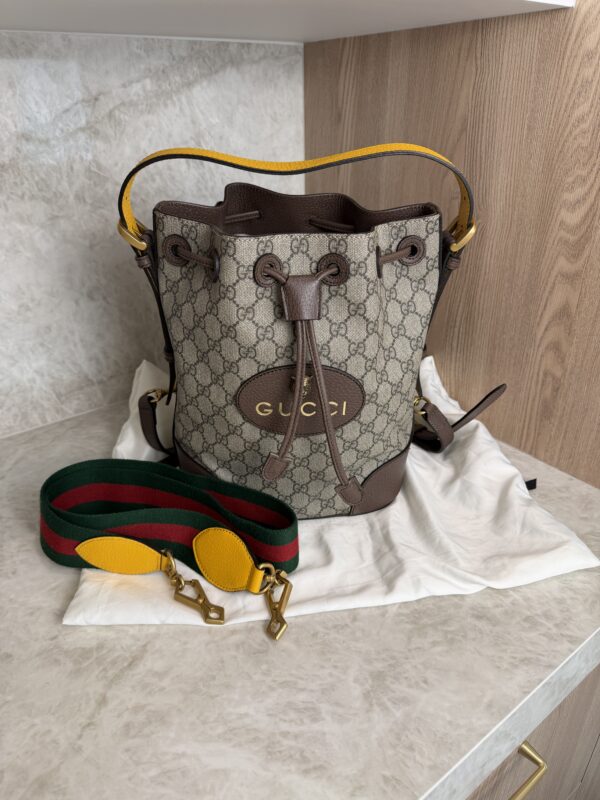 Gucci GG Supreme Monogram Neo Vintage Drawstring Bucket Backpack Beige New Acero Crop
