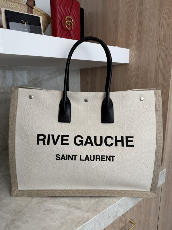 Saint Laurent (YSL) Canvas Rive Gauche Tote Naturale Black and Tan
