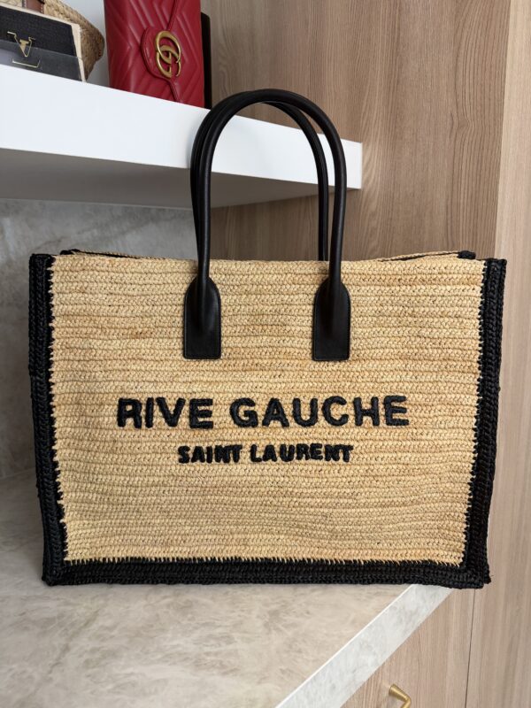 Saint Laurent (YSL) Raffia Calfskin Rive Gauche Tote Naturale Black
